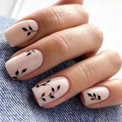 Square Nails Leaf Pattern Nude Nails Short Press On Nails