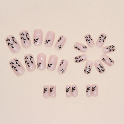 Square Nails Leaf Pattern Nude Nails Short Press On Nails