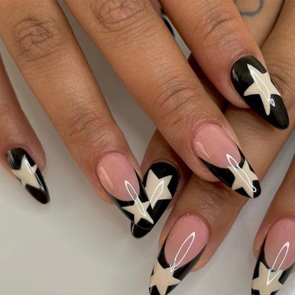 Black Almond Nails Star Pattern Press On Nails