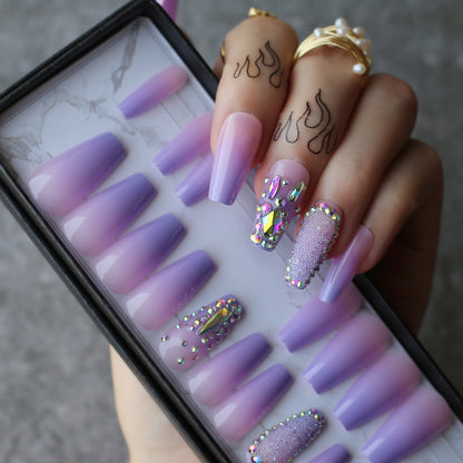 Purple Ombre Nails Long Coffin Fake Nails with Crystal