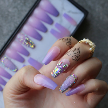 Purple Ombre Nails Long Coffin Fake Nails with Crystal