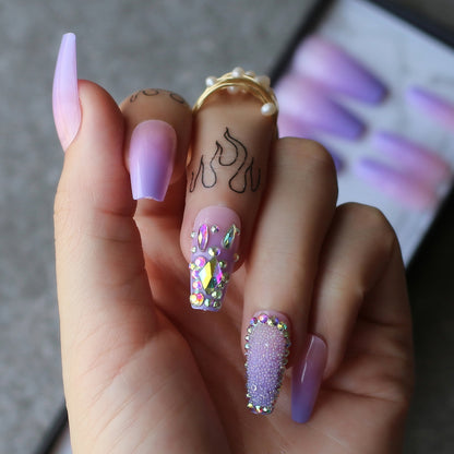 Purple Ombre Nails Long Coffin Fake Nails with Crystal