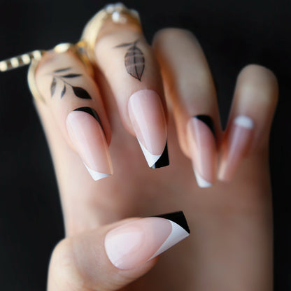 Nude Black French Fake Nails Long Coffin Nails