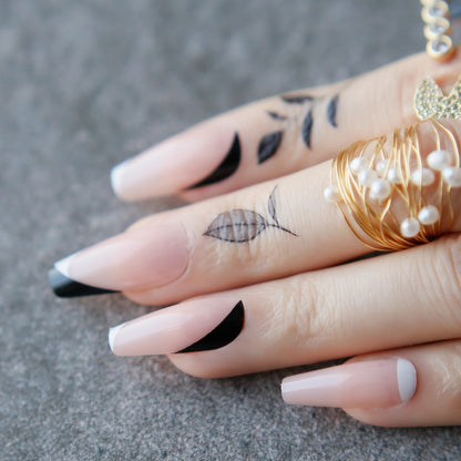 Nude Black French Fake Nails Long Coffin Nails