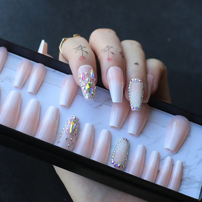 Nude Ombre Fake Nails Glitter Crystal Coffin Nails