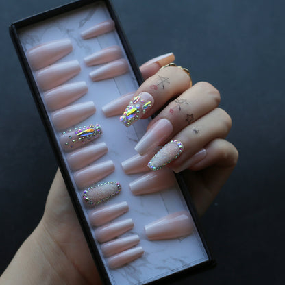 Nude Ombre Fake Nails Glitter Crystal Coffin Nails