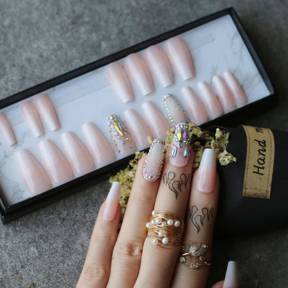 Nude Ombre Fake Nails Glitter Crystal Coffin Nails