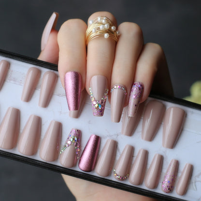 Nude Glitter Fake Nails Crystal Long Coffin Nails