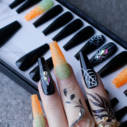 Black Halloween Nails coffin Nials with Crystal Spider