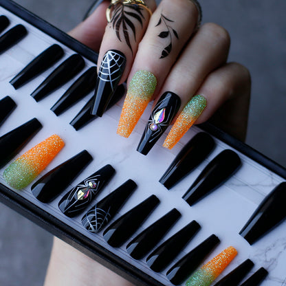 Black Halloween Nails coffin Nials with Crystal Spider