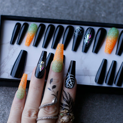 Black Halloween Nails coffin Nials with Crystal Spider