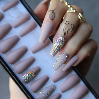 Coffin Acrylic Nails Bling Crystal Fake Nails